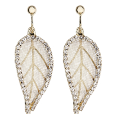 Clip On Earrings - Kaede - gold plated leaf earring with clear crystals