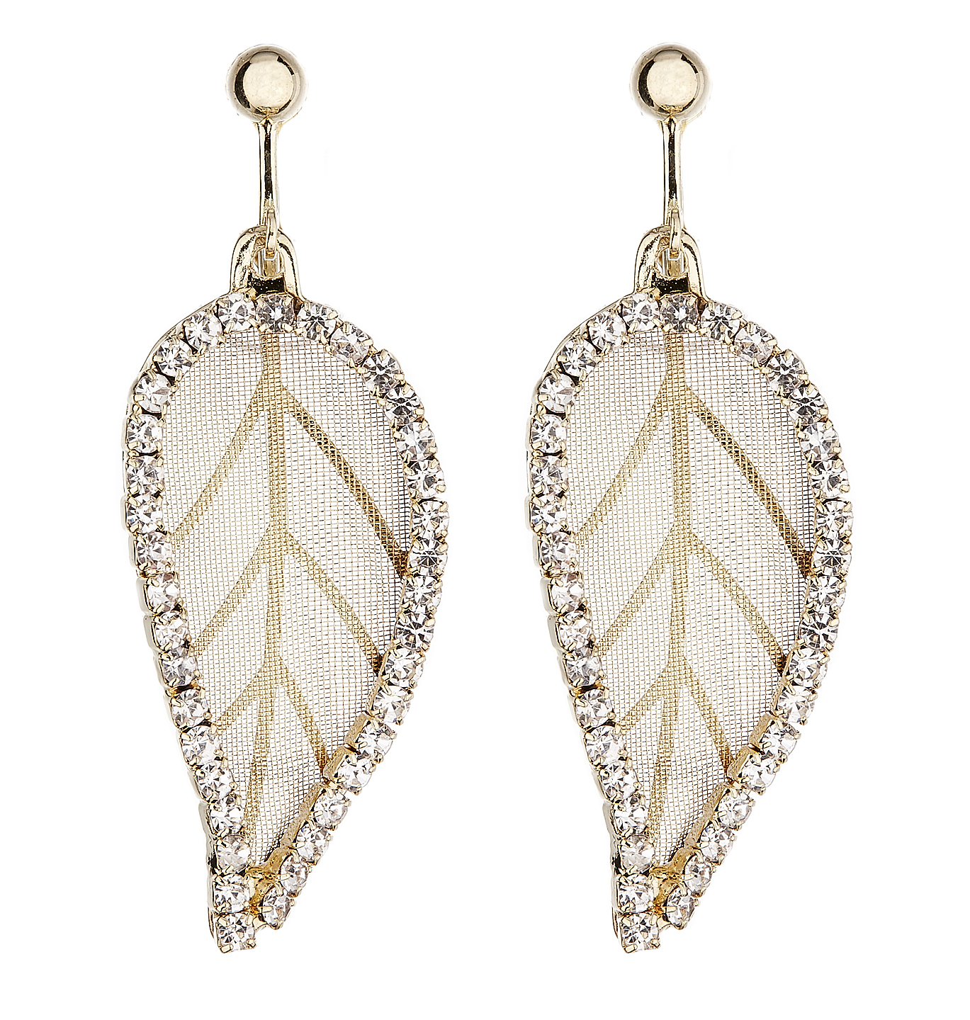 Clip On Earrings - Kaede - gold plated leaf earring with clear crystals