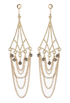Clip On Earrings - Kafi - gold plated chandelier earring with chains and crystals
