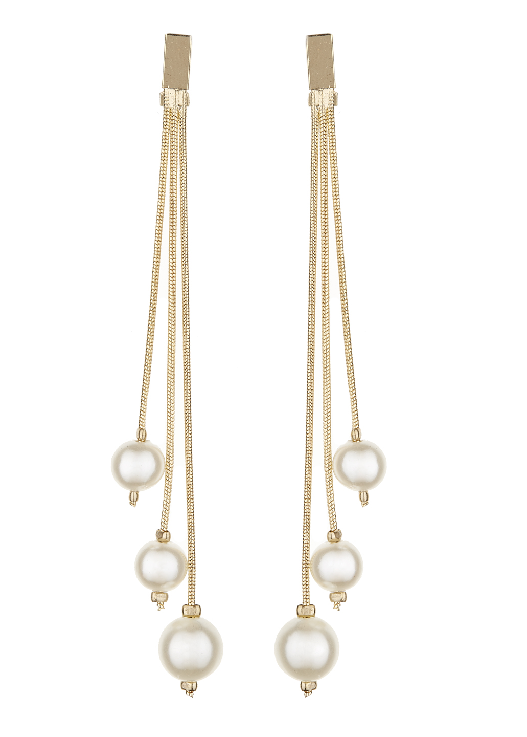 Clip On Earrings - Kalinda - gold drop earring with three pearls