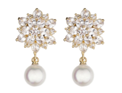 Clip On Earrings - Nancy G - gold luxury drop earring with cubic zirconia stones and a pearl