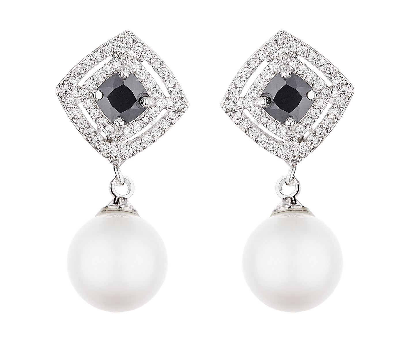 Clip On Earrings - Nanda - silver luxury drop earring with a pearl and a black cubic zirconia stone