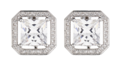 Clip On Earrings - Neci - silver luxury stud earring with a square cubic zirconia stone and crystals