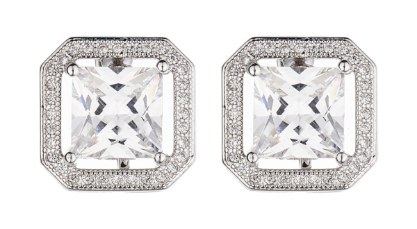 Clip On Earrings - Neci - silver luxury stud earring with a square cubic zirconia stone and crystals