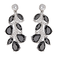 Clip On Earrings - Neo - silver luxury drop earring with black cubic zirconia stones and clear crystals