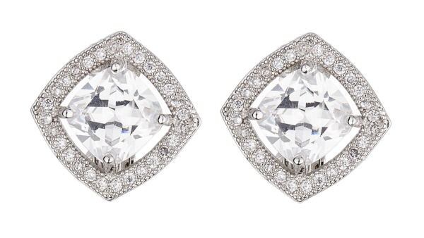 Clip On Earrings - Noya S - silver luxury stud earring with a square cubic zirconia stone and crystals