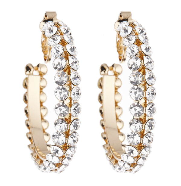 Clip On Earrings - Bevin - gold hoops with clear crystals