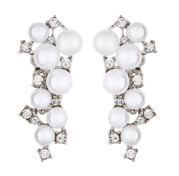 Clip On Earrings - Colola - silver earring with pearls and clear crystals