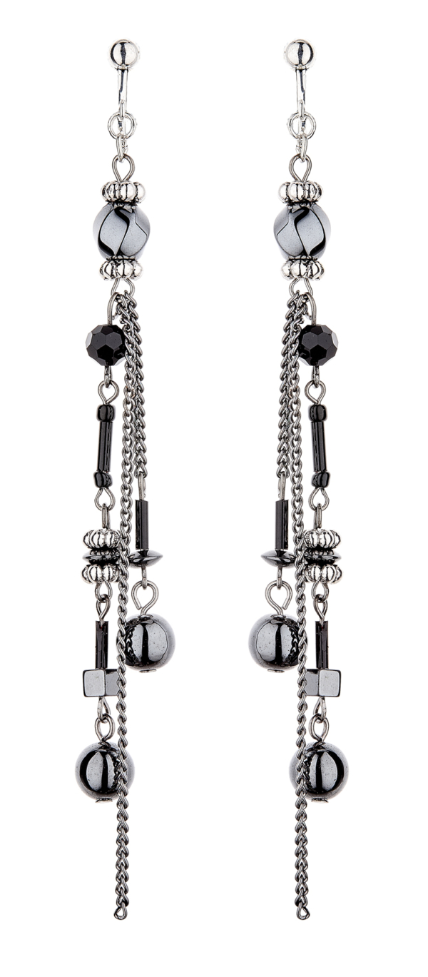 Clip On Earrings - Dakini - silver dangle earring with long black and grey chains