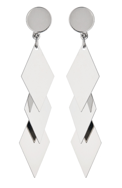 Clip On Earrings - Kallie S - silver drop earring with three linked diamond shapes