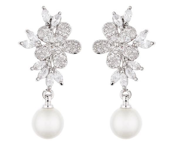 Clip On Earrings - Nalo S - silver luxury drop earring with a pearl and cubic zirconia stones