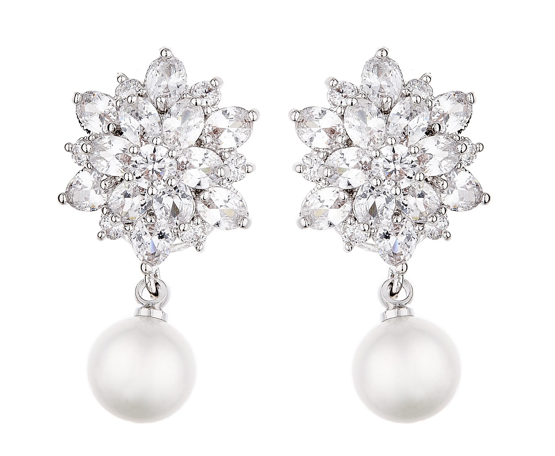Clip On Earrings - Nancy S - silver luxury drop earring with cubic zirconia stones and a pearl