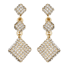 Clip On Earrings - Bolbe - gold dangle earring with two linked clear crystal cubes and square