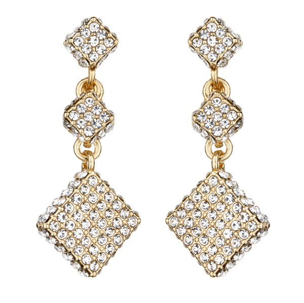 Clip On Earrings - Bolbe - gold dangle earring with two linked clear crystal cubes and square