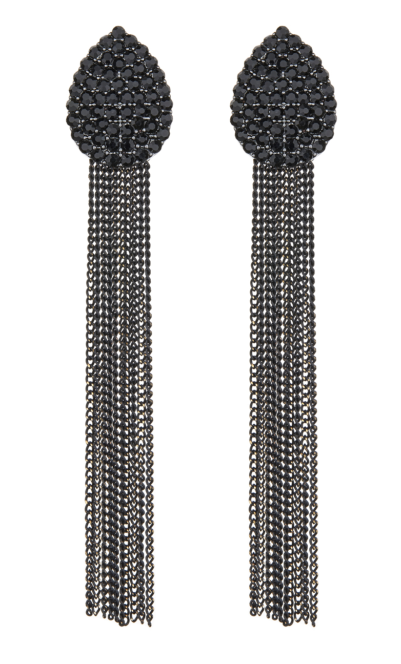 Clip On Earrings - Brook - black crystal teardrop earring with black chain fringe