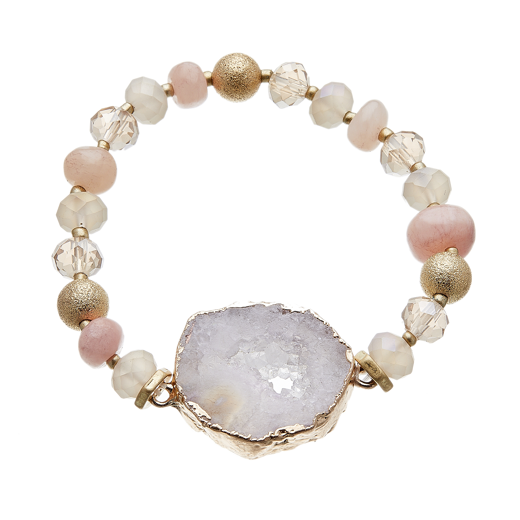 Bracelet with pink agate beads and lilac druzy quartz stone - Jae P