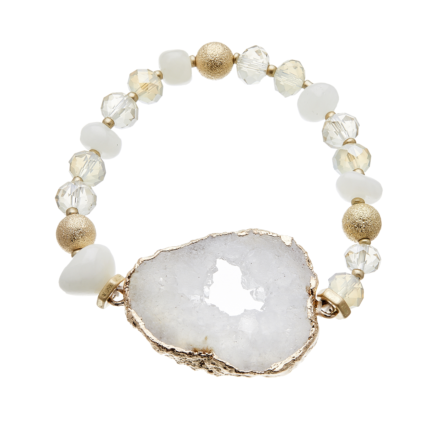 Bracelet with white agate beads and white druzy quartz stone - Jae W