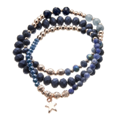 Three Bracelets - blue and champagne gold beads with a star charm - Yori B04-05-07