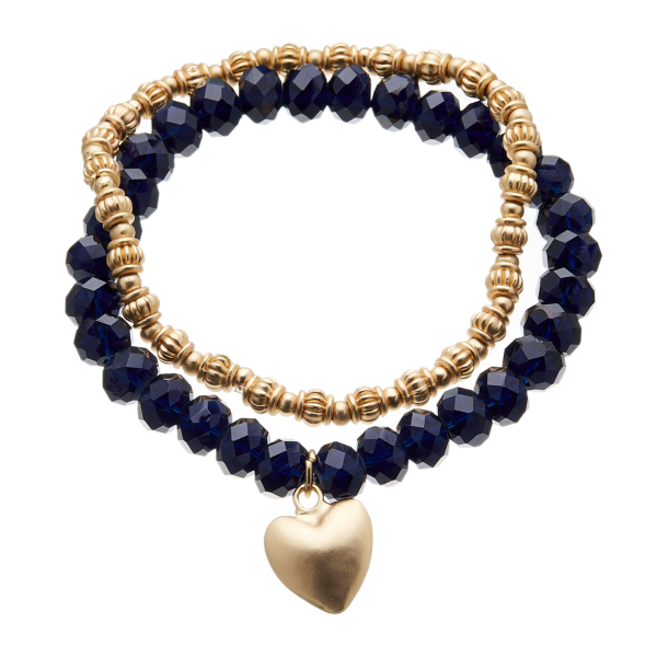 Set of two Bracelets - matt gold beads and navy blue with a heart charm - Yori B20-28
