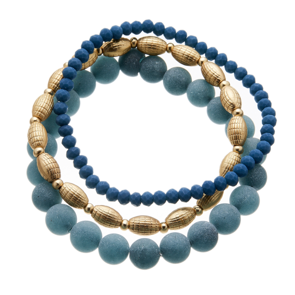 Set of three Bracelets with blue and matt gold beads - Yori B22-26-25