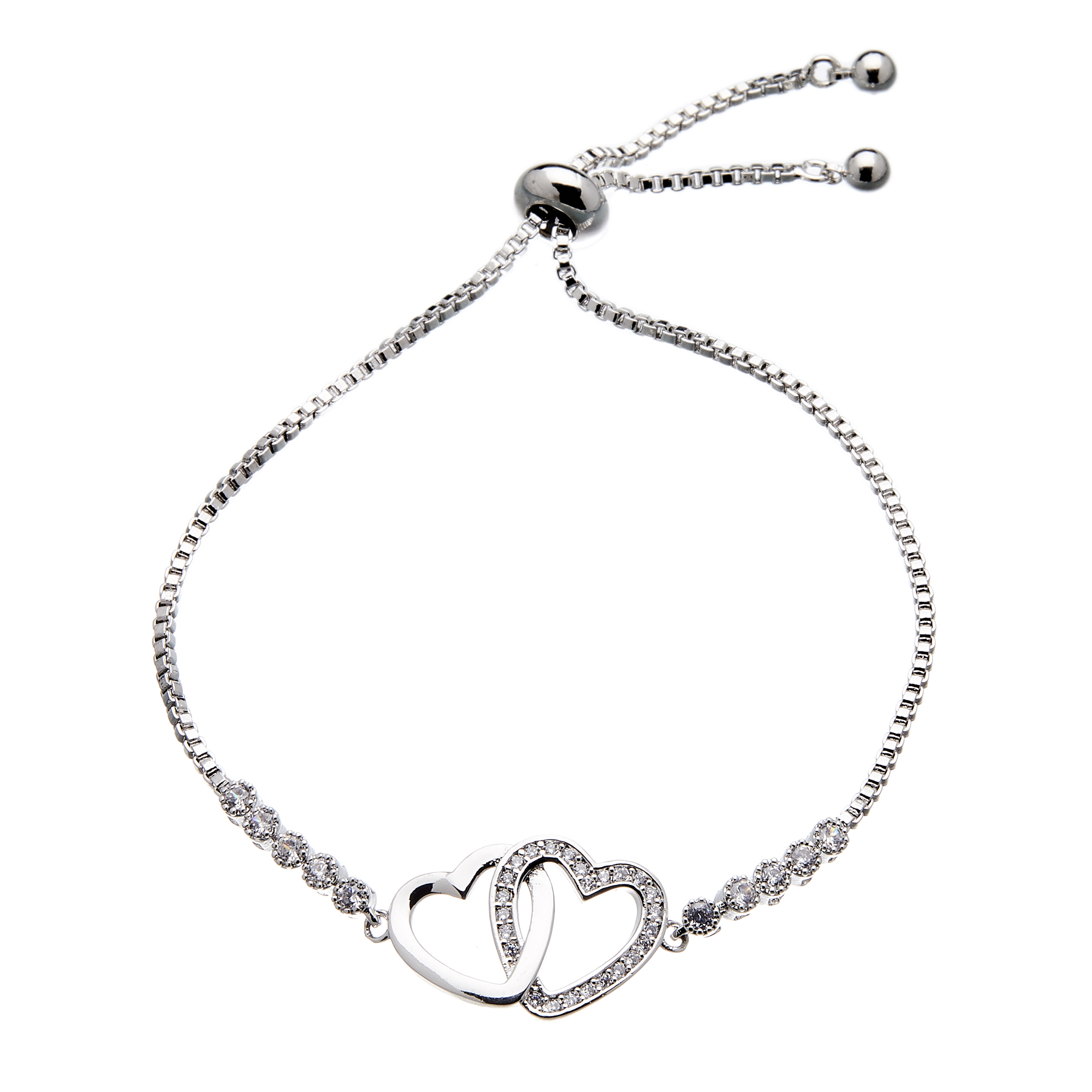 Love friendship Bracelet in silver with double linked hearts and crystals - Neola