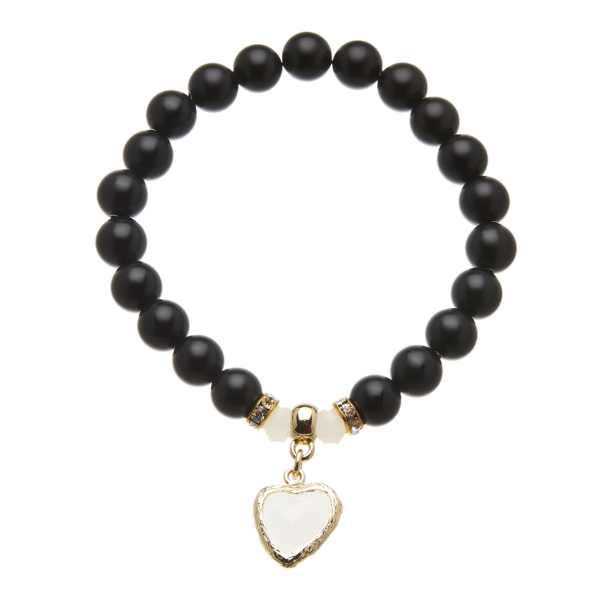 Matt black onyx beaded Bracelet with a gold heart charm and crystals - Rae B12