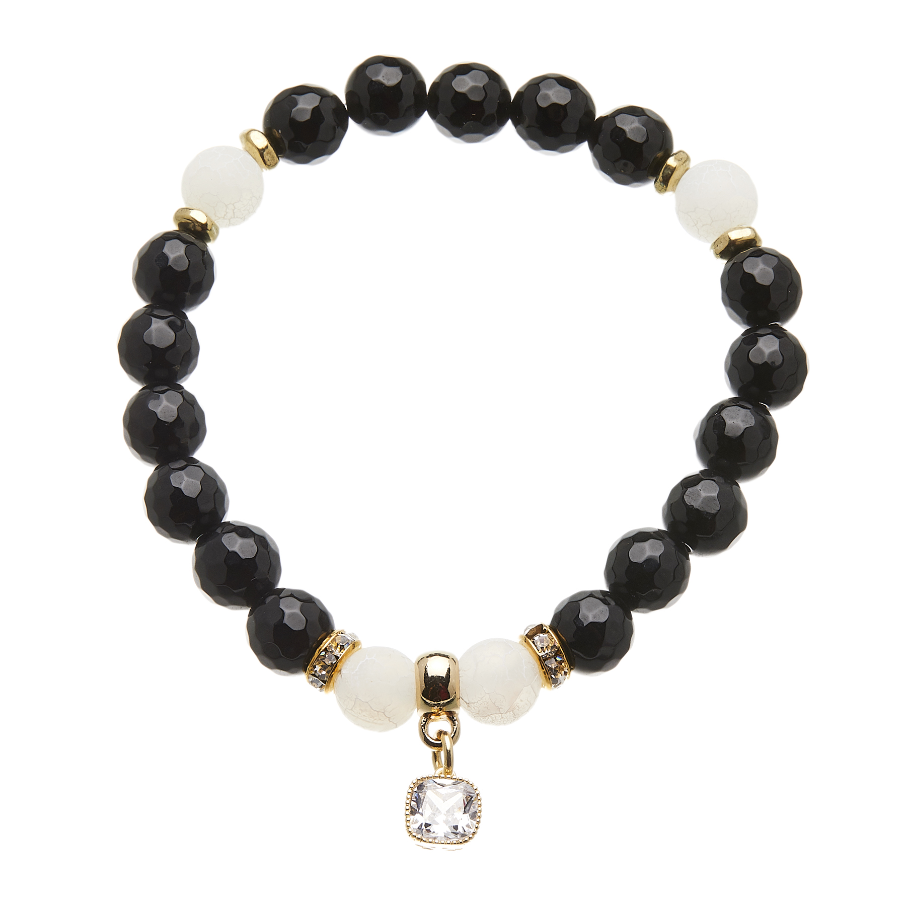 Facet black agate beaded Bracelet with a gold crystal charm - Rae B13