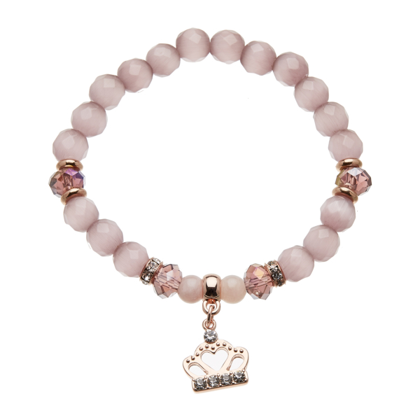 Facet pink cats eye beaded Bracelet with a rose gold crystal crown charm - Rae P18