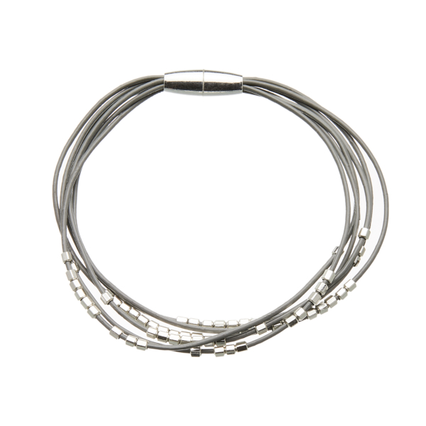 Bracelet with six grey leather strands and silver beads - Reeva S