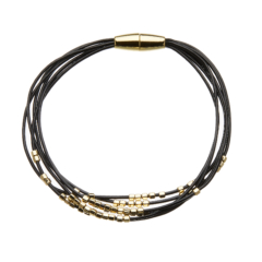 Bracelet with six black leather strands and gold beads - Reeva B