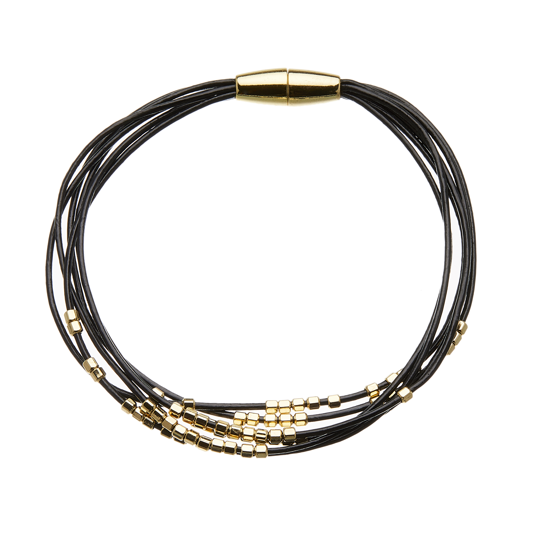 Bracelet with six black leather strands and gold beads - Reeva B