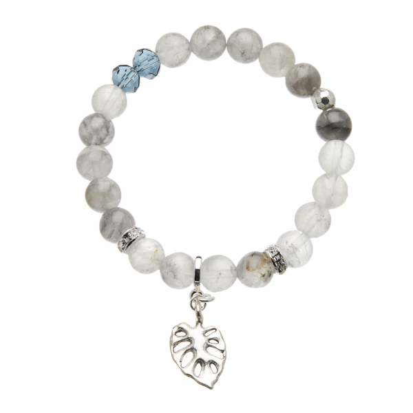Cloud grey agate beaded Bracelet with silver leaf charm and crystals - Rae G03