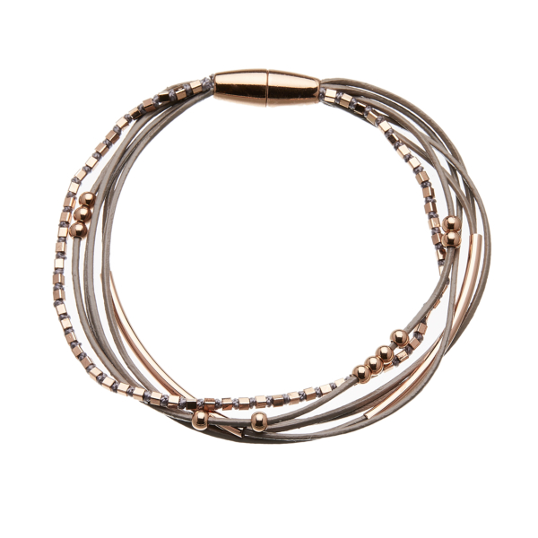 Bracelet with six grey leather strands and rose gold beads - Riley RG
