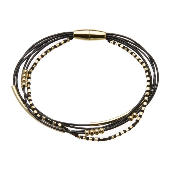 Bracelet with six black leather strands and gold beads - Riley B