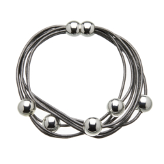 Bracelet with dark grey leather strands and sliding silver beads - Rita B