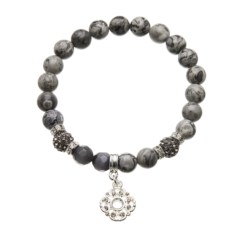 Map grey stone beaded Bracelet with silver charms and crystals - Rae G04