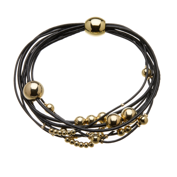 Bracelet with black leather strands and sliding gold beads - Ruth B