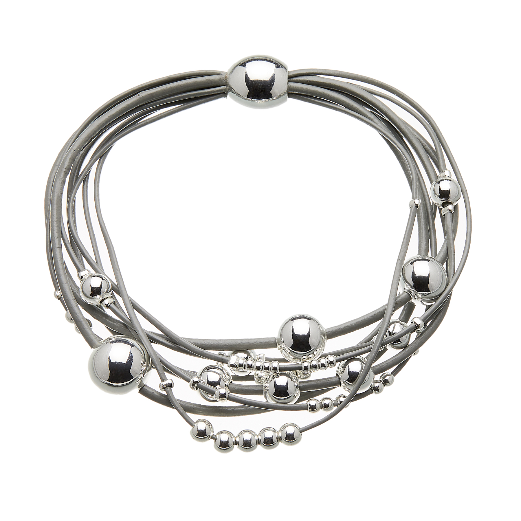 Bracelet with grey leather strands and sliding silver beads - Ruth S