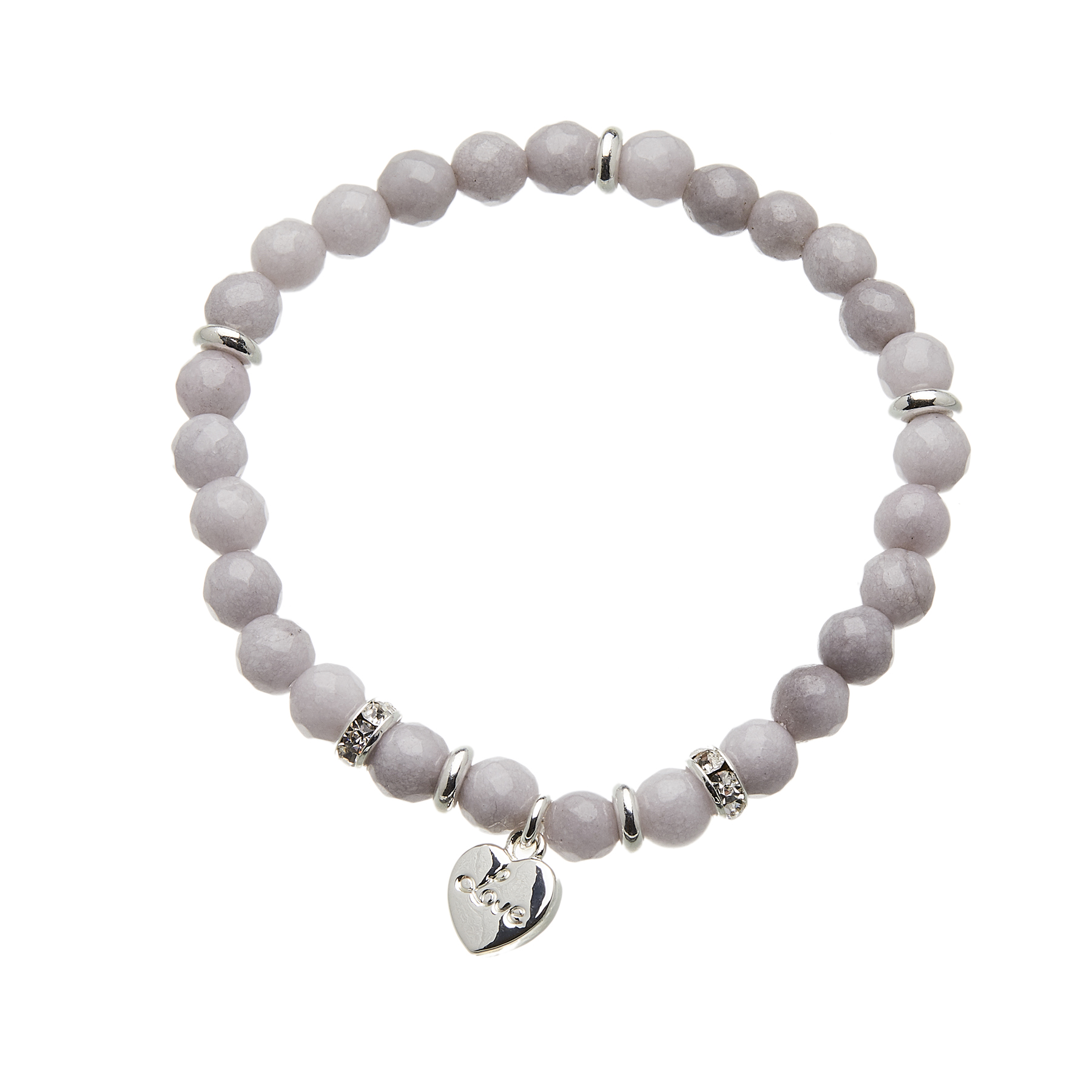 Facet grey jade beaded Bracelet with silver heart and crystals - Rae G05
