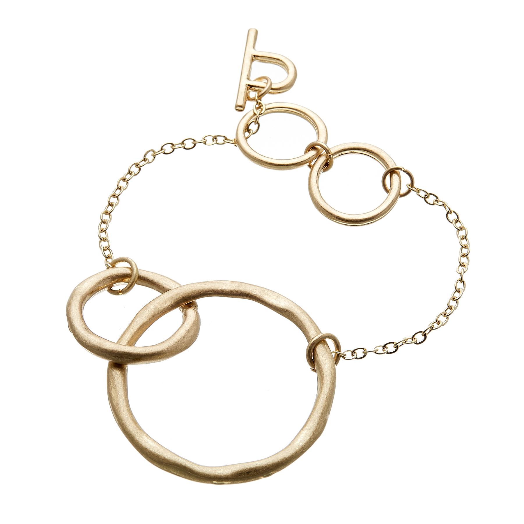 Matt gold T bar Bracelet with chain linked connecting circles - Jamia