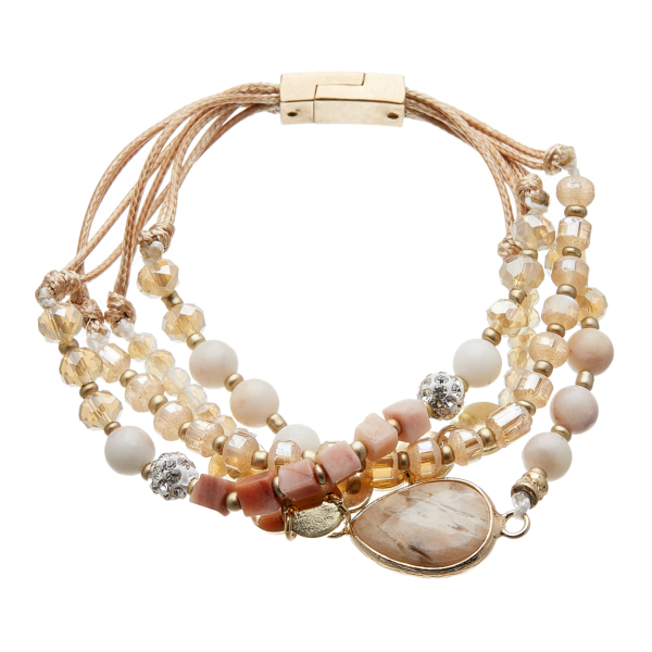 Antique matt gold magnetic clasp Bracelet with an agate stone and pink agate beads - Jody