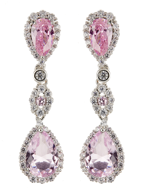 Clip On Earrings - Nata - silver dangle earring with cubic zirconia crystals and pink stones