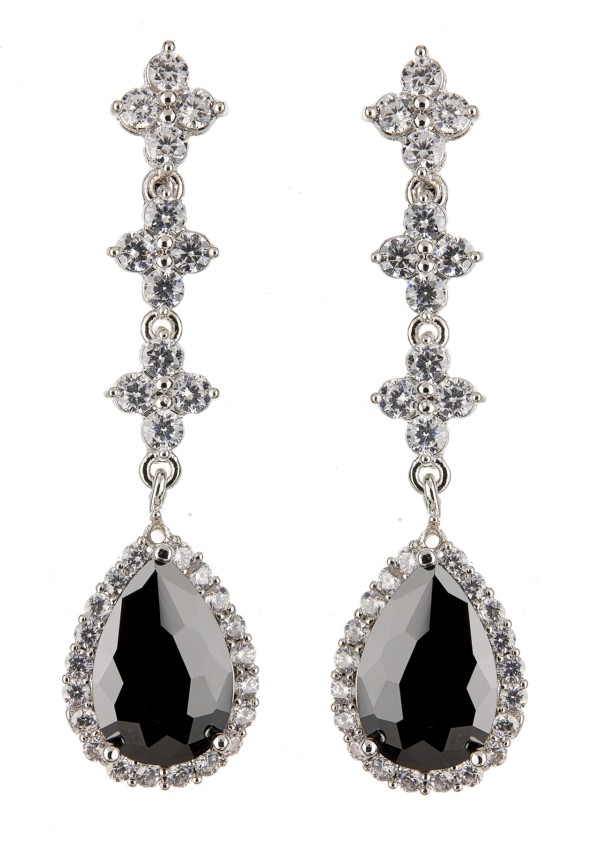 Clip On Earrings - Najam - silver dangle earring with a black cubic zirconia stone and clear crystals