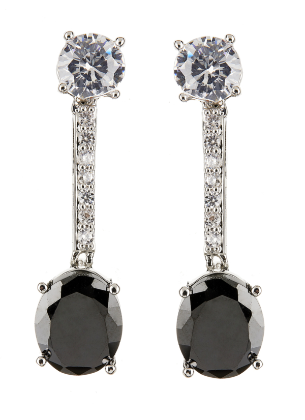 Clip On Earrings - Nadda - silver dangle earring with a black cubic zirconia stone and clear crystals