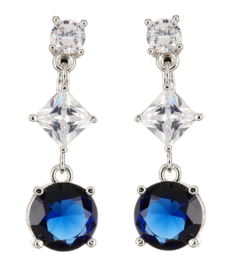 Clip On Earrings - Namita - silver dangle earring with a blue and two clear cubic zirconia stones