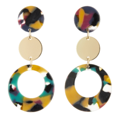Clip On Earrings - Edris M - gold drop earring with multi coloured acrylic