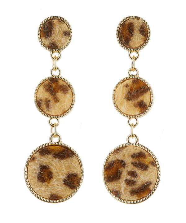 Clip On Earrings - Erla B - gold dangle earring with brown faux animal fur fabric