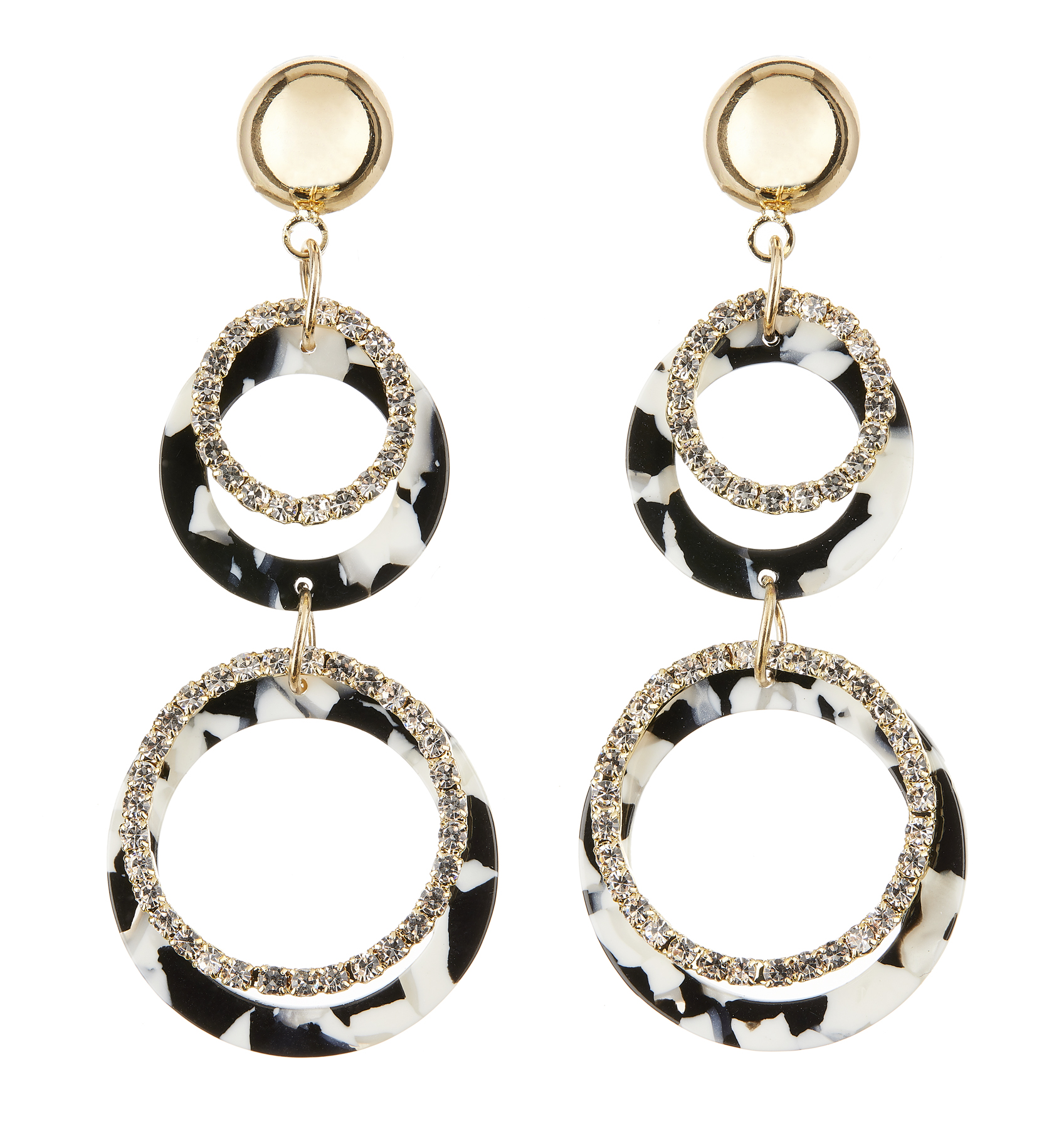 Clip On Earrings - Edusa - gold dangle earring with black and white acrylic and crystal rings