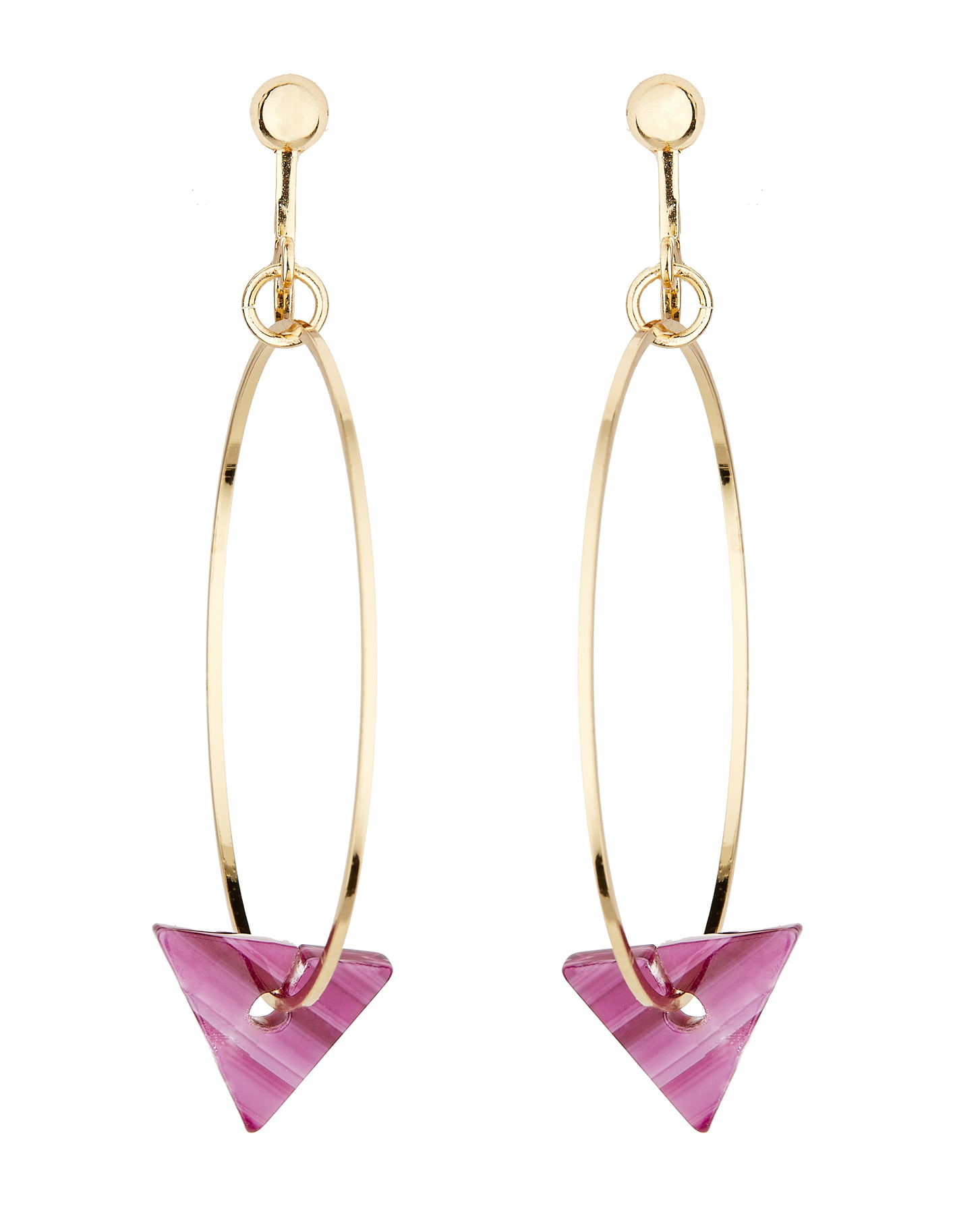 Clip On Hoop Earrings - Elda P - gold hoops with a pink acrylic triangle