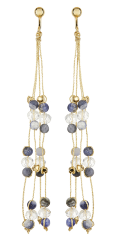 Clip On Earrings - Ryo N - gold drop earring with blue agate stone and glass beads